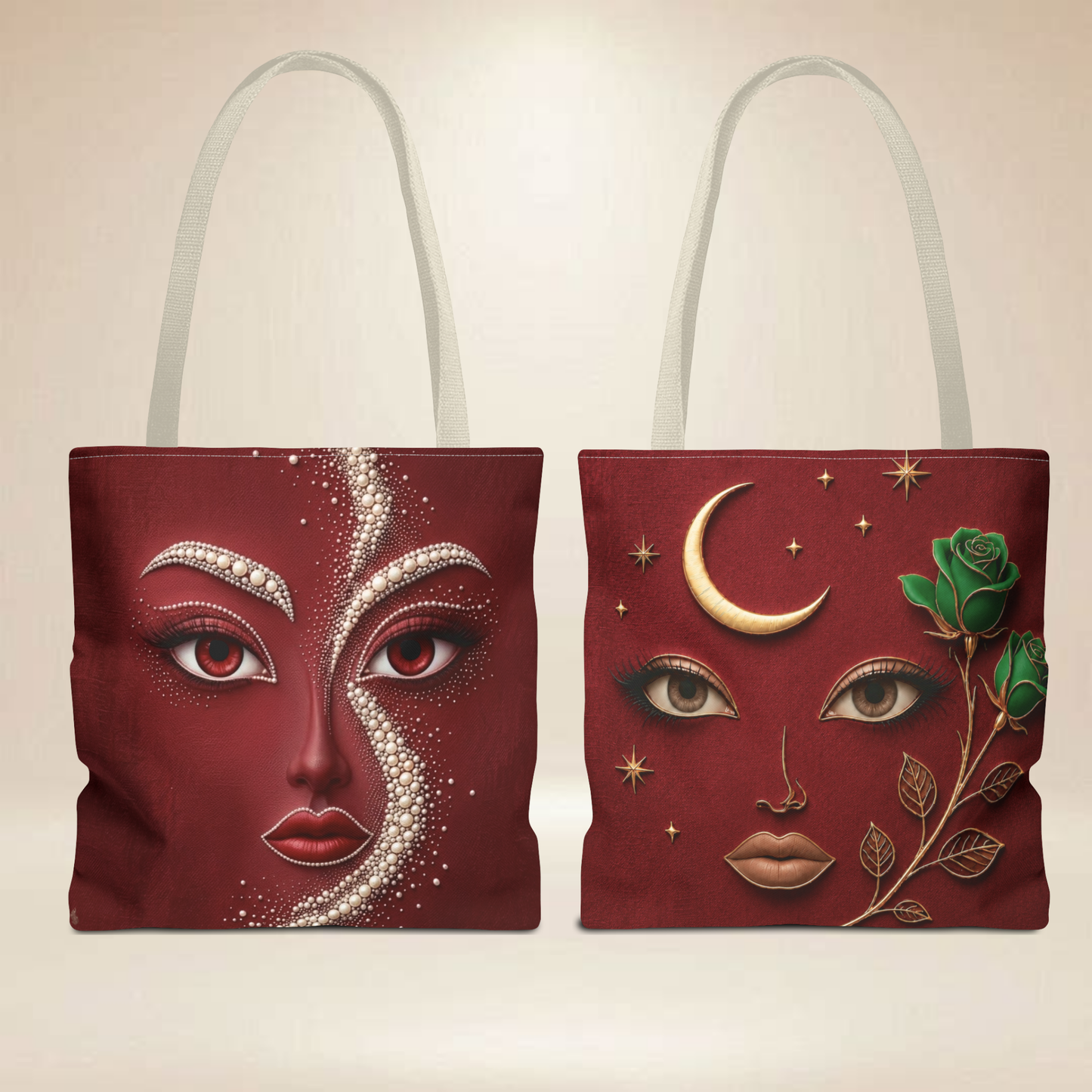 Red Pearl Face Tote Bag | Double-Sided Celestial Rose Tote