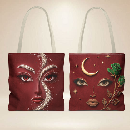 Red Pearl Face Tote Bag | Double-Sided Celestial Rose Tote