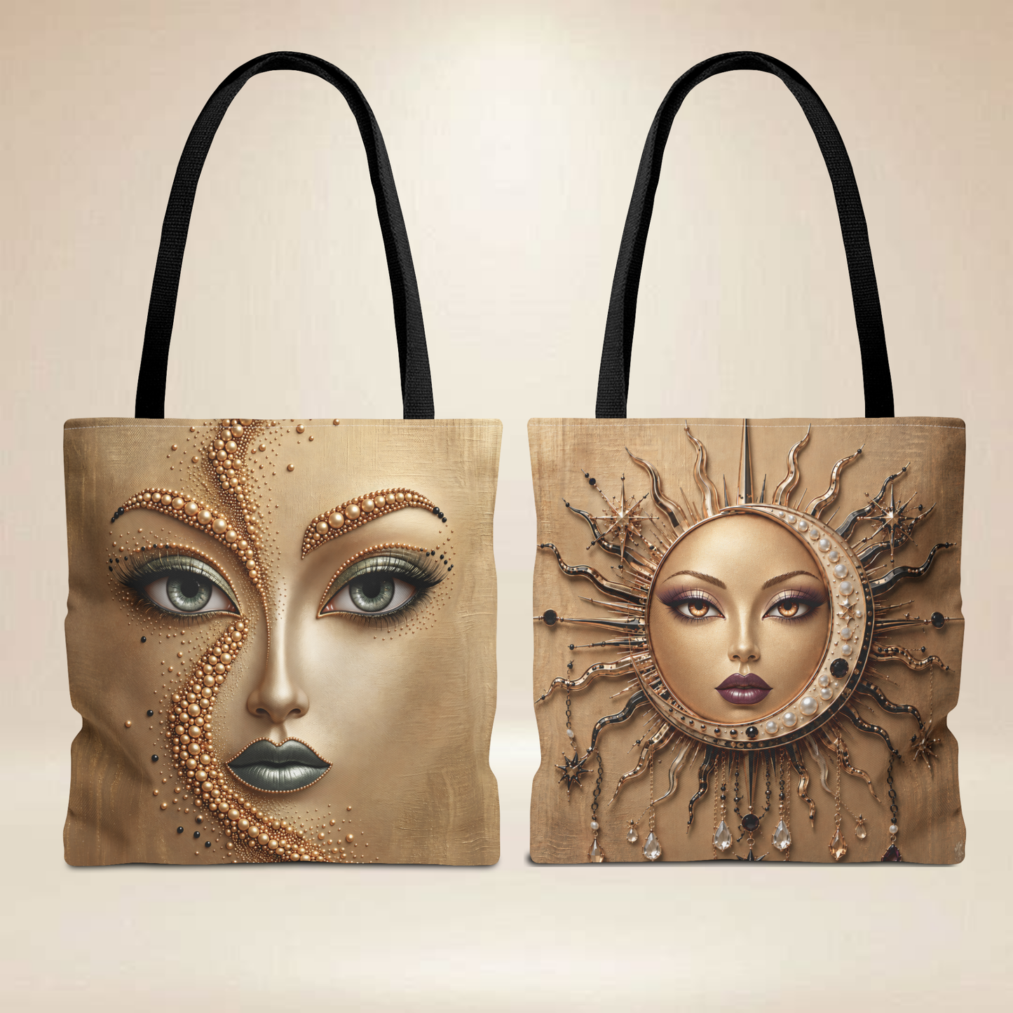Muted Gold Face Pearl Tote Bag | Double-Sided Pearl Sun Moon Tote
