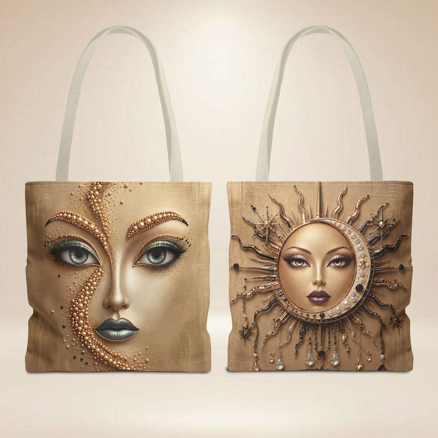 Muted Gold Face Pearl Tote Bag | Double-Sided Pearl Sun Moon Tote