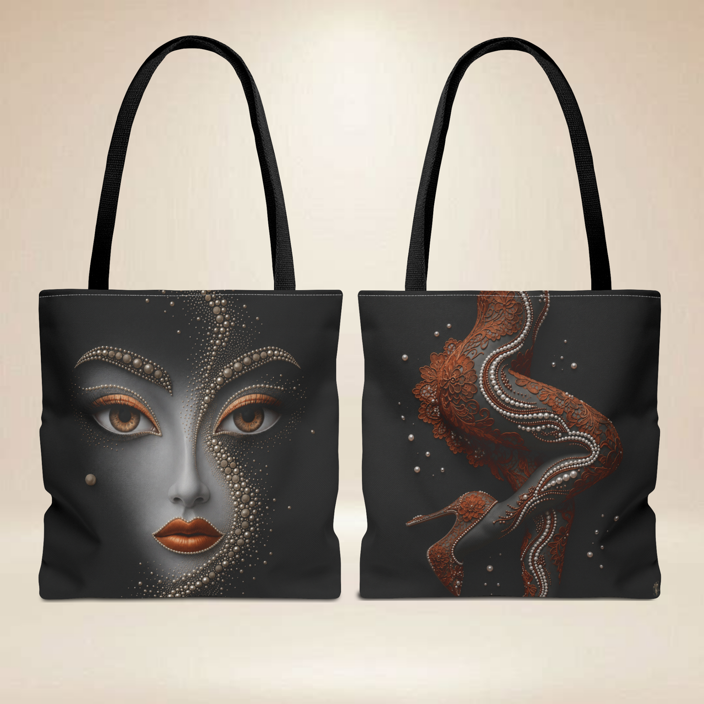 Black Pearl Face Tote Bag | Double-Sided Fashion Art Tote