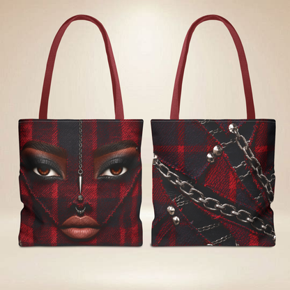 Red Plaid Face Tote Bag | Double-Sided Chain Design