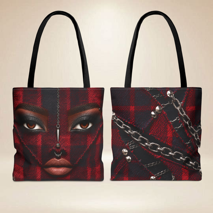 Red Plaid Face Tote Bag | Double-Sided Chain Design