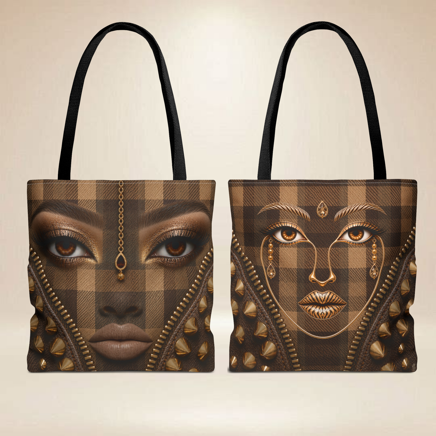Brown Plaid Face Tote Bag | Double-Sided Portrait Design