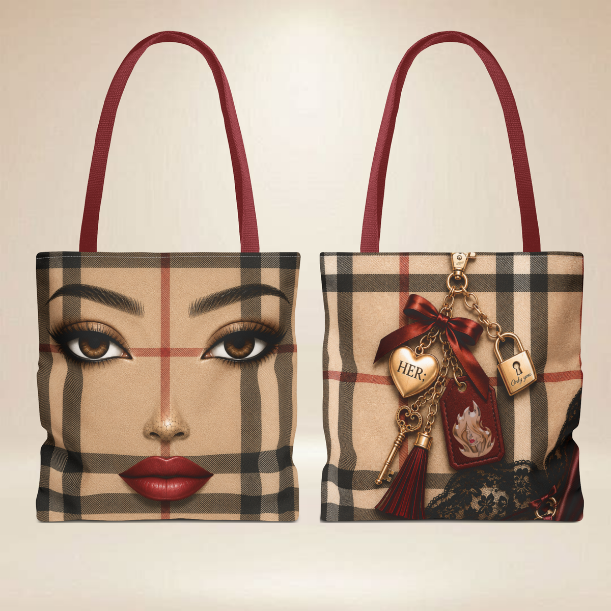 Plaid Face Print Tote Bag — Vintage Charm Keychain Design