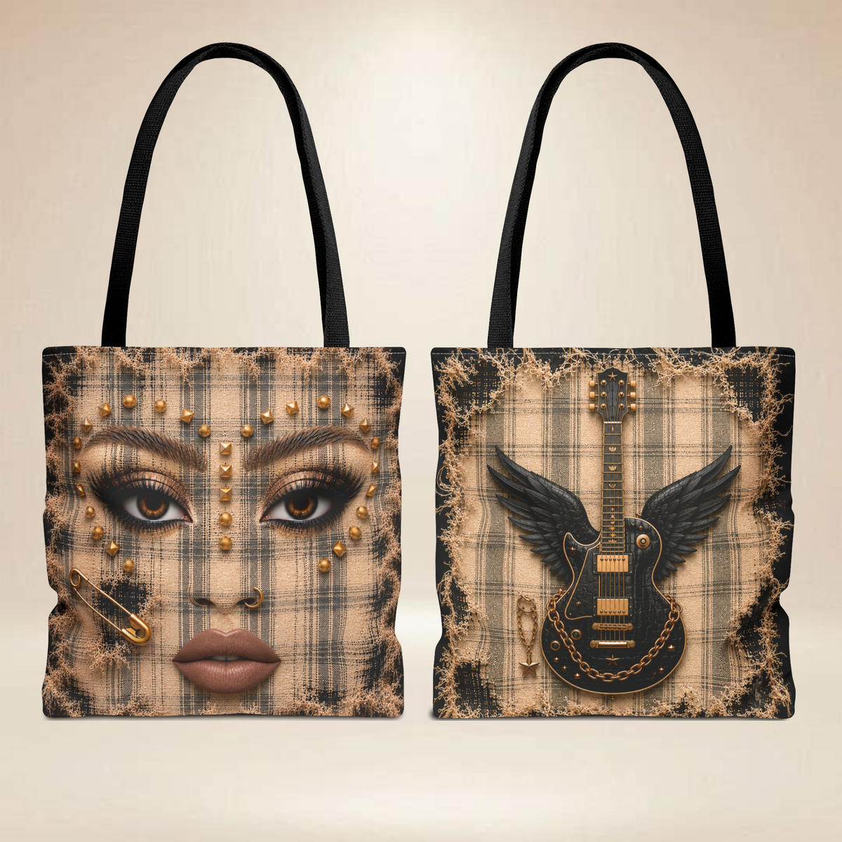 Plaid Face Tote Bag | Double-Sided Rock Art Tote
