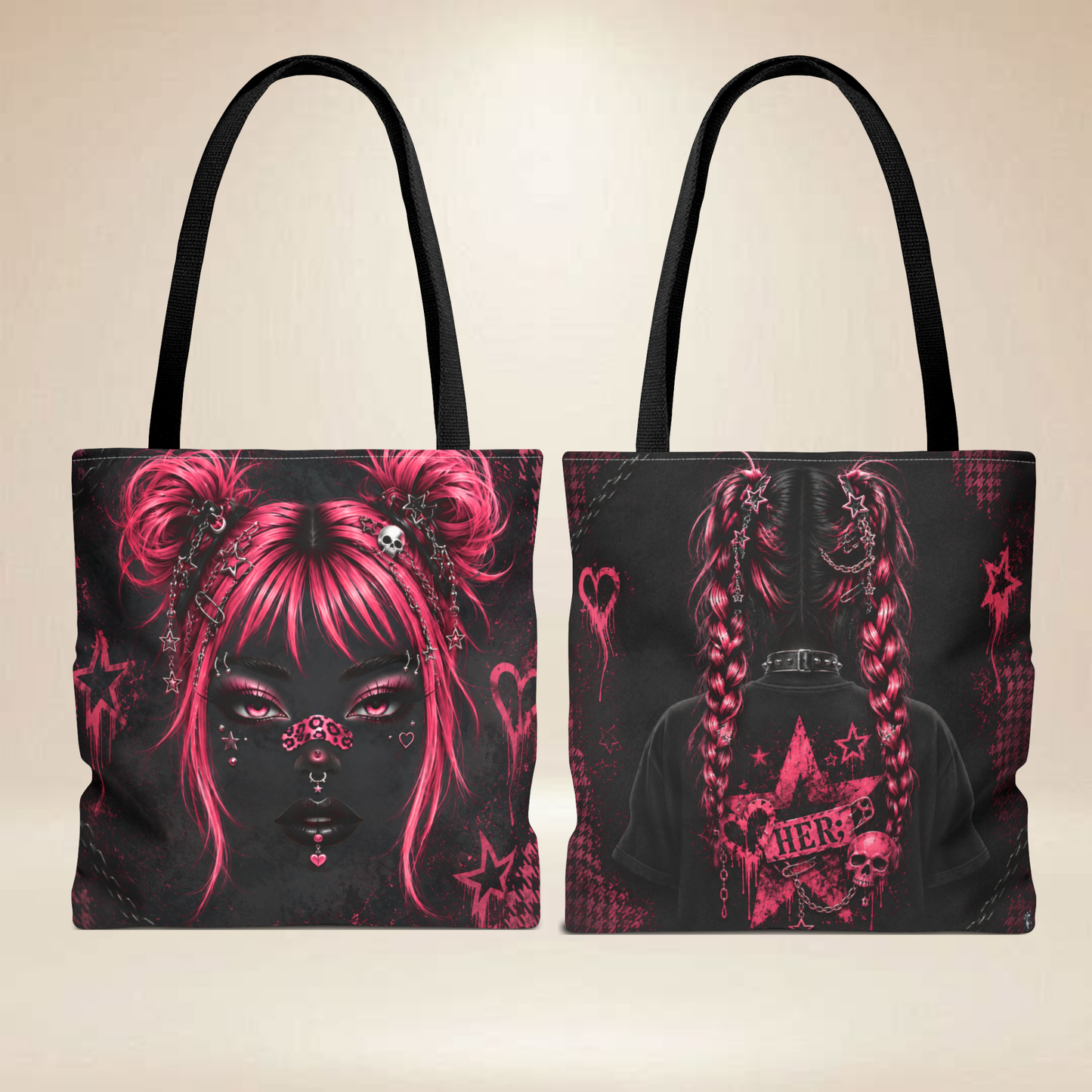 Pink Punk Face Tote Bag | Double-Sided Goth Art Tote