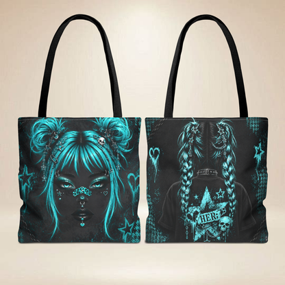 Teal Punk Face Tote Bag – Blue Teal Anime Design