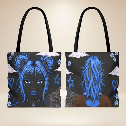 Blue Hair Face Tote Bag | Double-Sided Alternative Art Tote