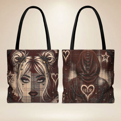 Plaid Face Tote Bag | Double-Sided Alternative Art Tote