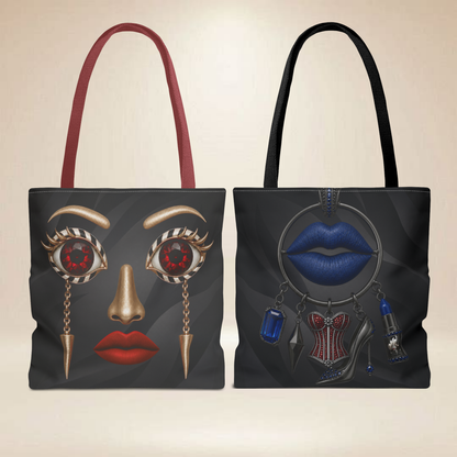 Ruby Eye Face Tote Bag | Bold Lip & Jewelry Art Double-Sided Art Tote