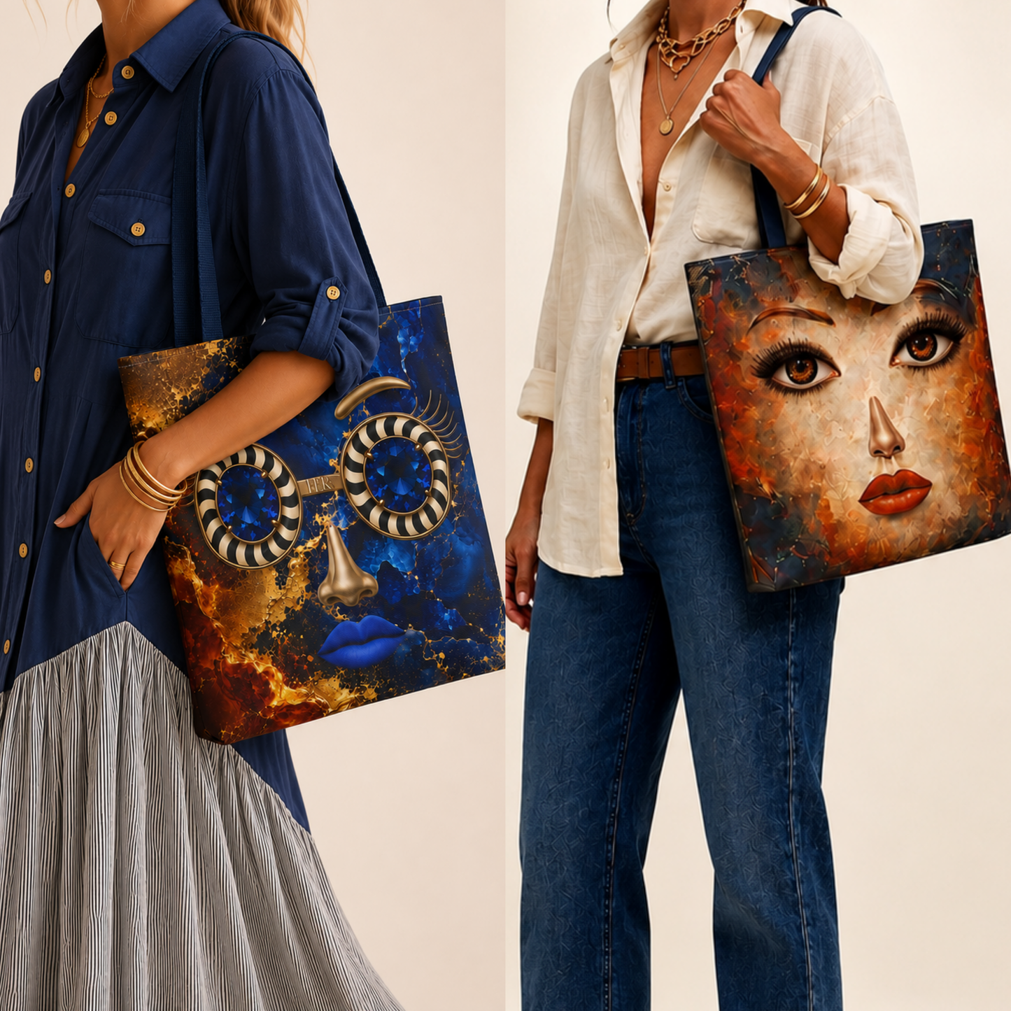 Blue & Gold Face Tote Bag | Double-Sided Statement Art Tote
