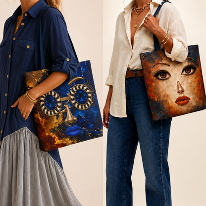 Blue & Gold Face Tote Bag | Double-Sided Statement Art Tote