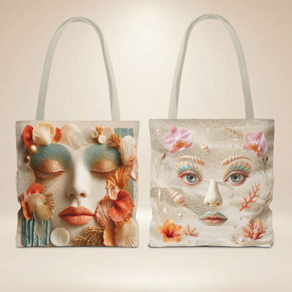 Seashell Face Tote Bag | Double-Sided Coastal Art Tote