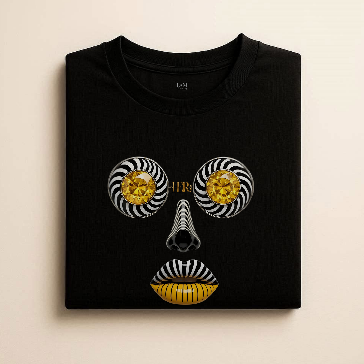 Abstract Face Graphic T-Shirt — Gold Spiral Eyes & Striped Features