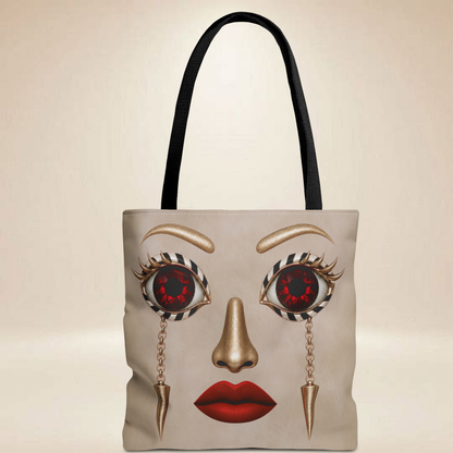 Ruby Eye Face Tote Bag | — Bold Lip & Jewelry Art Double-Sided Art Tote