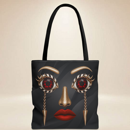 Ruby Eye Face Tote Bag | Bold Lip & Jewelry Art Double-Sided Art Tote