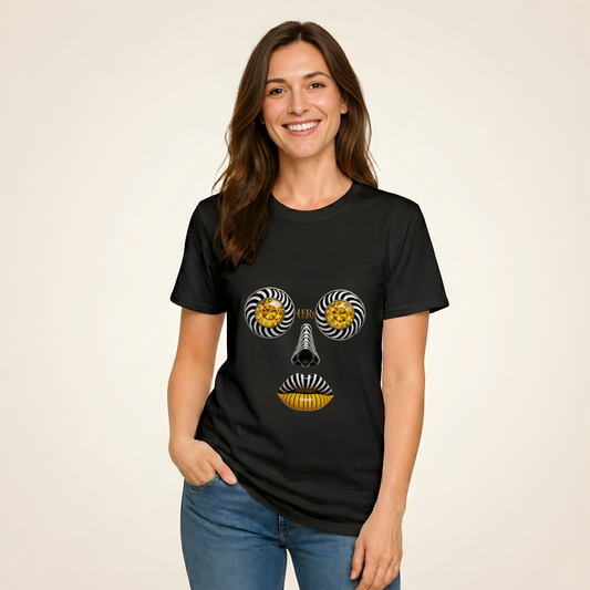 Abstract Face Graphic T-Shirt — Gold Spiral Eyes & Striped Features