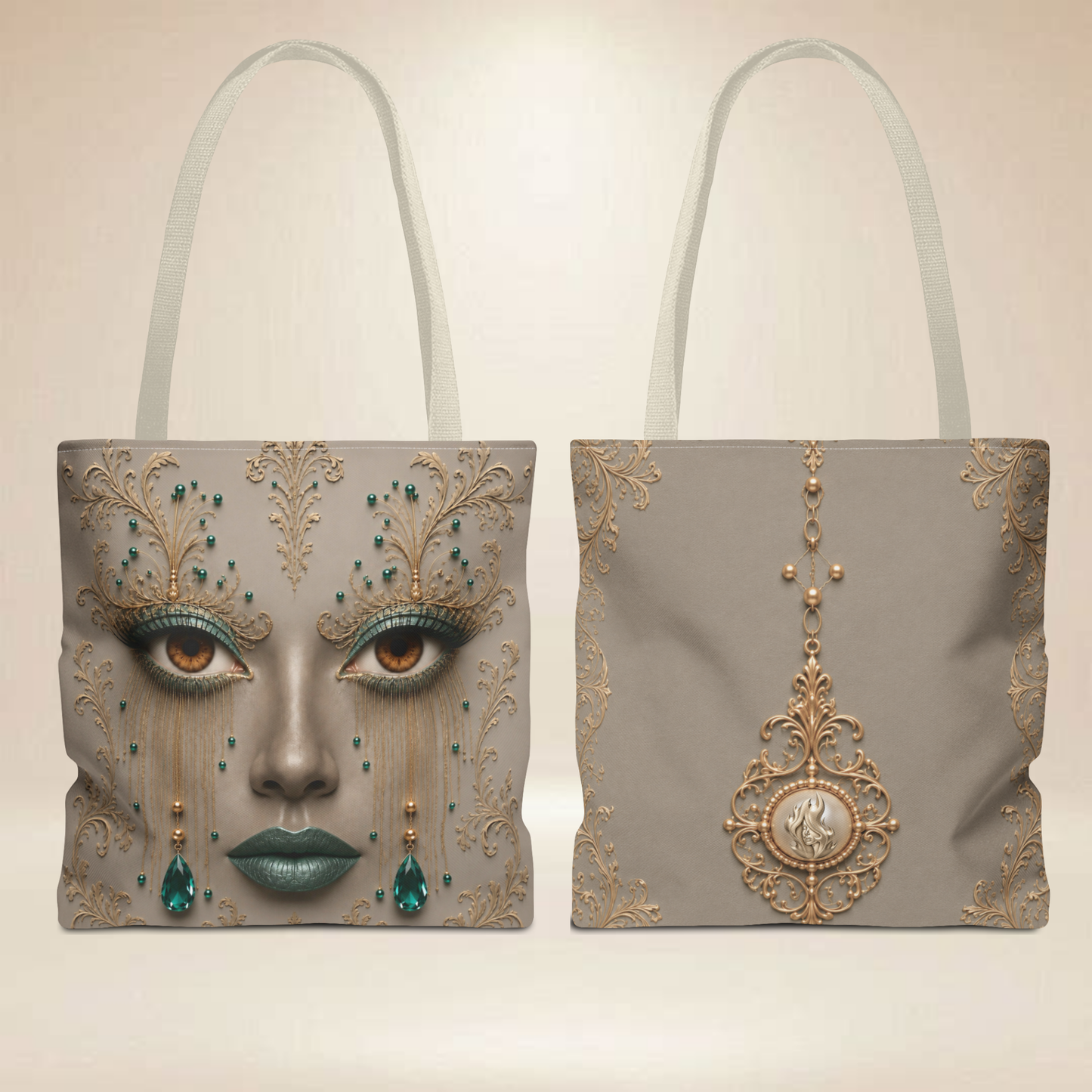 Emerald Face Tote Bag | Double-Sided Luxury Art Tote |