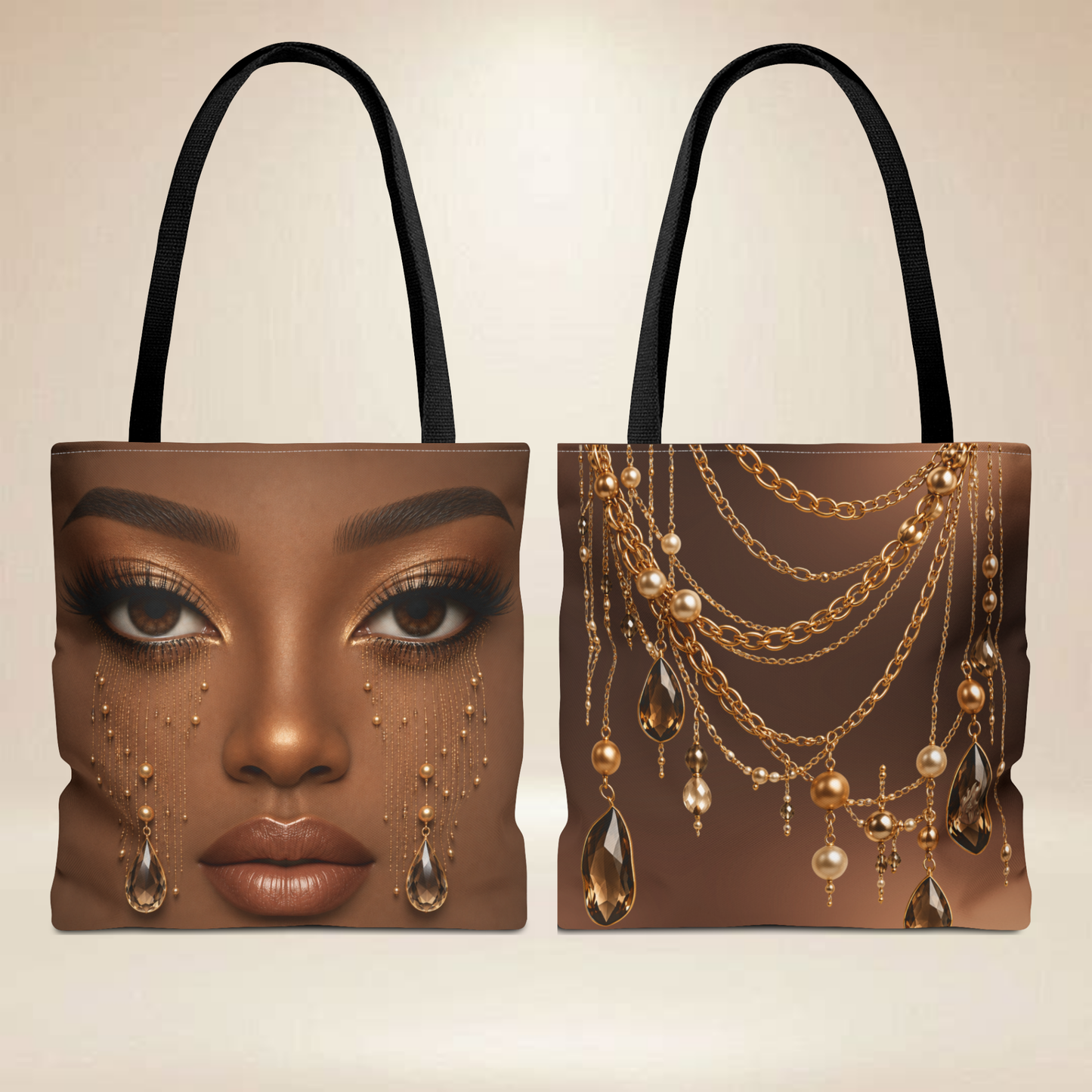 Brown Portrait Tote Bag | Double-Sided Gold Jewelry Art Tote