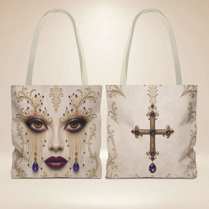Amethyst Gaze Abstract Tote Bag — Gothic jeweled face & cross print