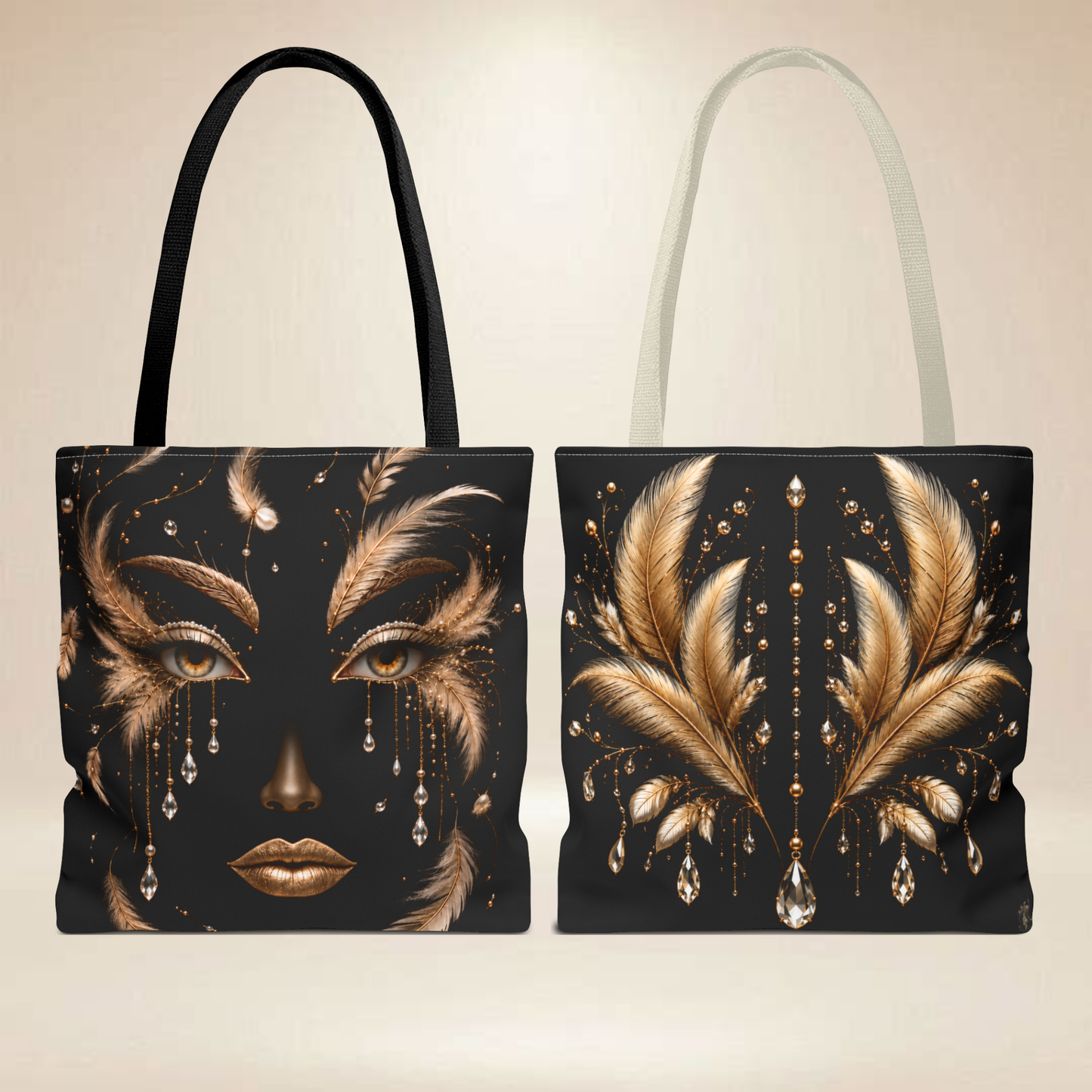 Black Feather Face Tote Bag | Double-Sided Art Tote