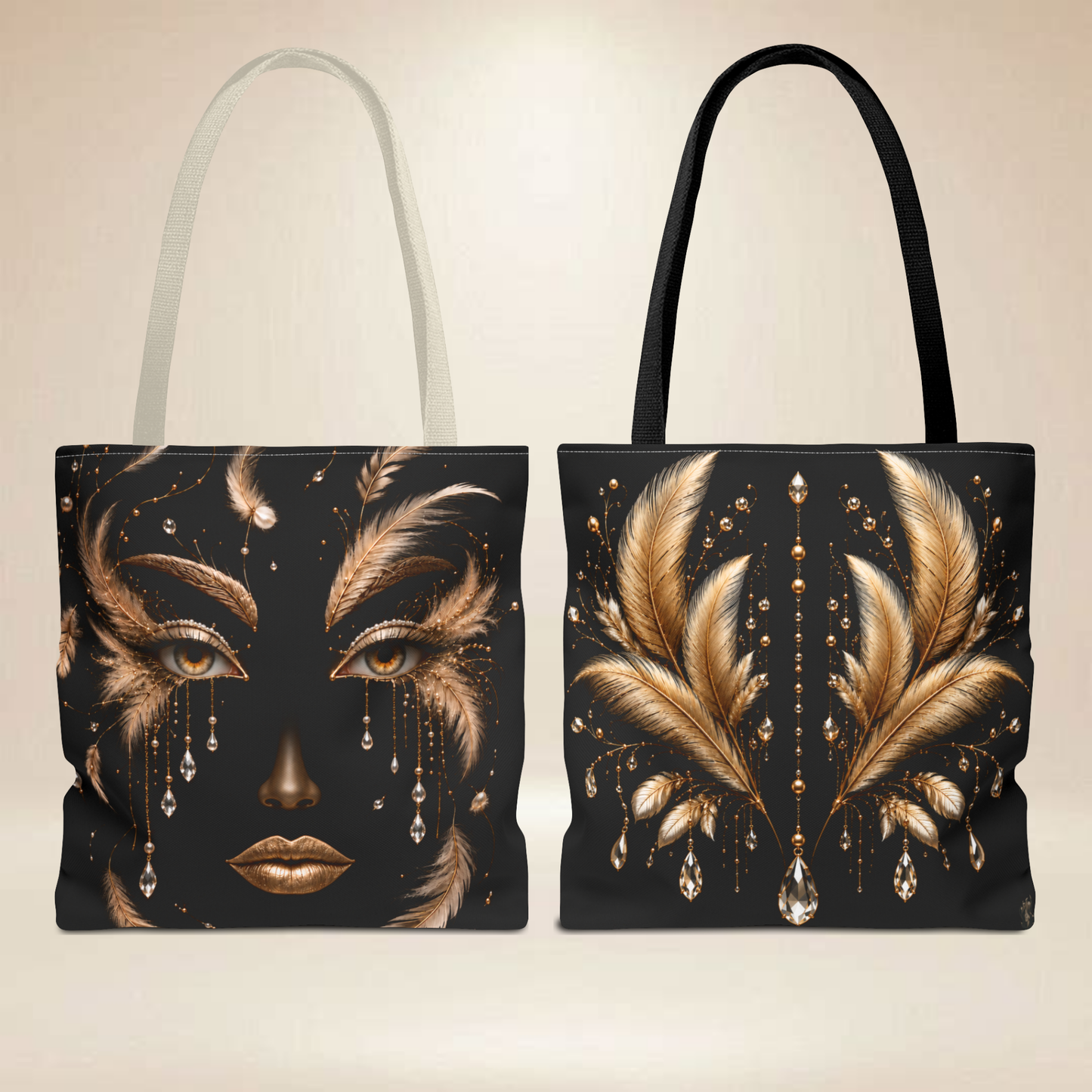 Black Feather Face Tote Bag | Double-Sided Art Tote
