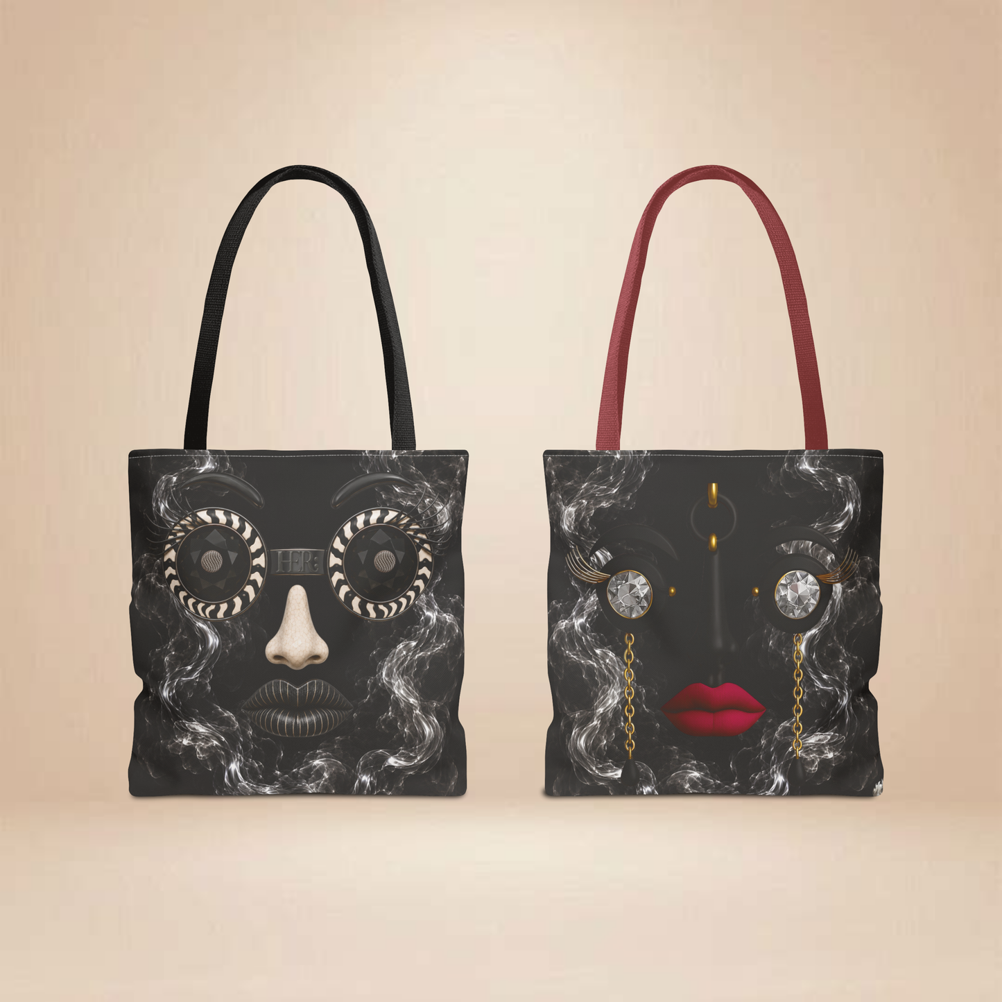 Smoke & Diamonds Face Tote Bag | Double-Sided Art Tote